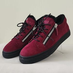 Giuseppe Zanotti London Burgundy Suede Shearling Lined Zipper Flat Sneakers EU41